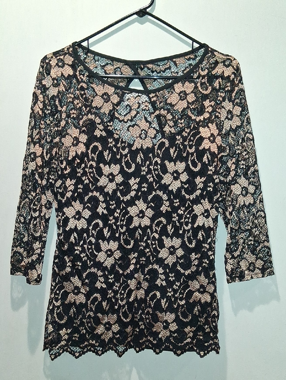 Women’s Black Lace Overlay Top with Nude Lining